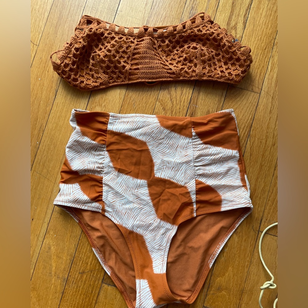 Aerie Swim orange Crochet Bikini Top and High Waisted Bottom Size S